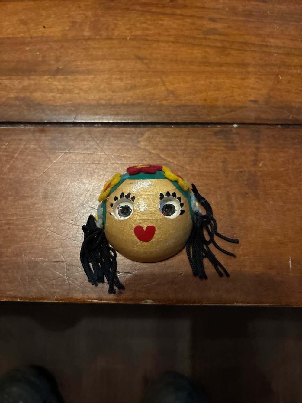 Vintage Handmade Wooden Folk Art Doll Head Floral Yarn Hair Hand Painted